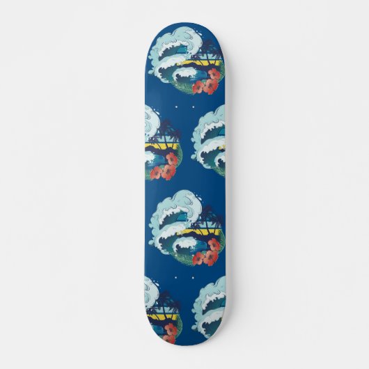 Retroontwerp van strand, palmbomen en oceaangolven persoonlijk skateboard (Voorkant)