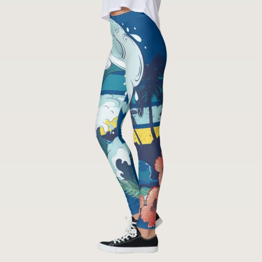 Retroontwerp van strand, palmbomen en zeeen golven leggings (Links)