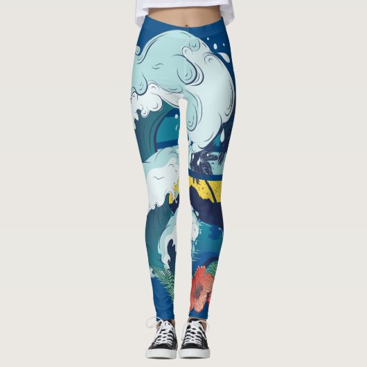 Retroontwerp van strand, palmbomen en zeeen golven leggings (Voorkant)
