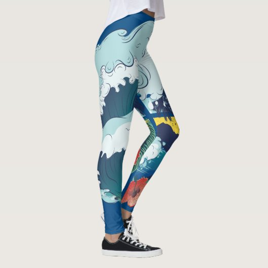 Retroontwerp van strand, palmbomen en zeeen golven leggings (Rechts)