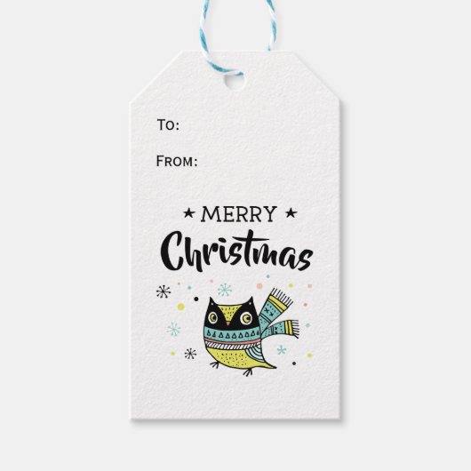 Retroorrijke uil Merry kerst Cadeaulabel (Voorkant)