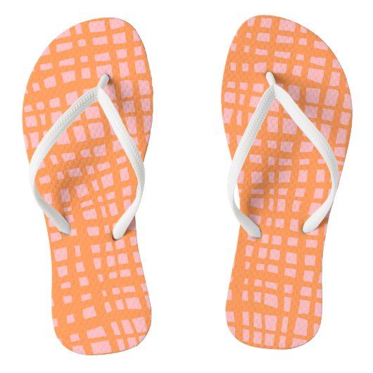 Retropastel oranje en roze rasterpatroon teenslippers (Voetbed)