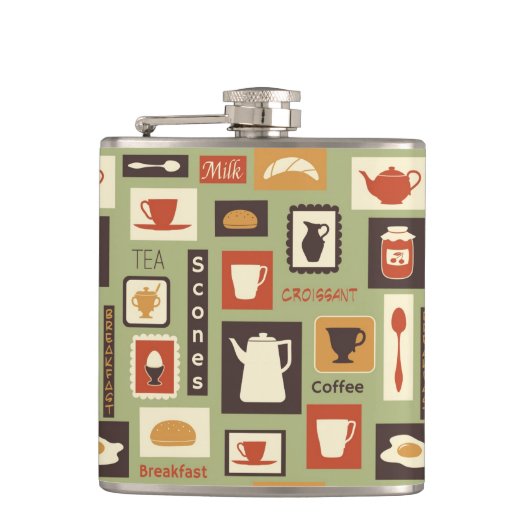 Retropatroon met keukengerei voor het ontbijt heupfles (Voorkant)
