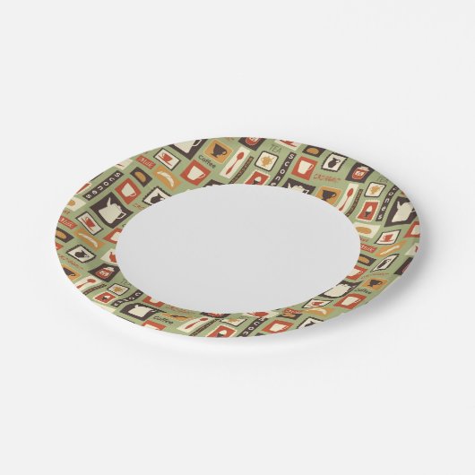 Retropatroon met keukengerei voor het ontbijt papieren bordje (Gekanteld)