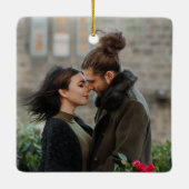 Retropatroon Onze eerste kerstfoto Keramisch Ornament (Achterkant)