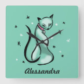  Retropenseel Slag Cat Aqua Blauwgroen Vierkante Klok (Voorkant)