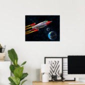 Retroraket in de ruimte poster (Thuiskantoor)