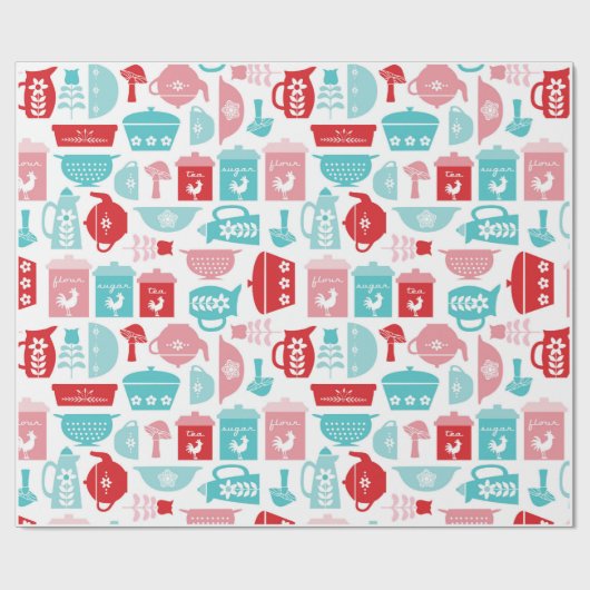 RetroRed en Blue Kitchen Pattern Cadeaupapier (Vlak)