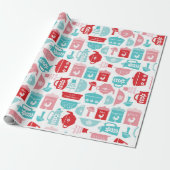 RetroRed en Blue Kitchen Pattern Cadeaupapier (Uitgerold)