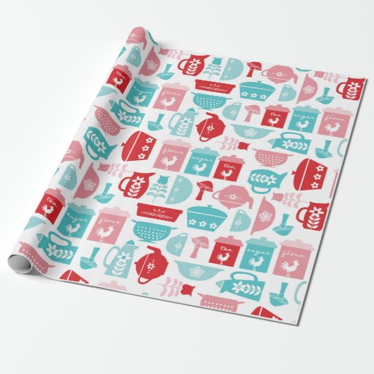 RetroRed en Blue Kitchen Pattern Cadeaupapier (Uitgerold)