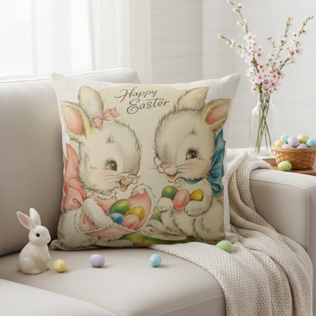  retrorespot Bunny Couple Kussen (Vintage Happy Easter Bunnies With Easter Eggs Throw Pillow)