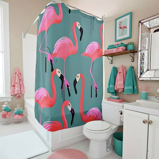 Retroroze flamingos douchegordijn