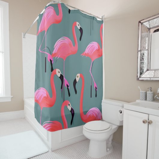 Retroroze flamingos douchegordijn (In situ)