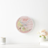 retrorroze Florale strepen monogrammen Ronde Klok (Huis)