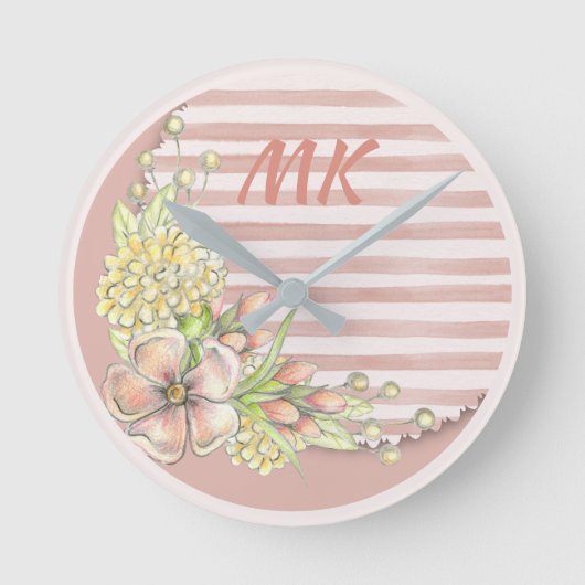 retrorroze Florale strepen monogrammen Ronde Klok (Voorkant)