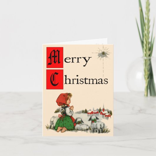 Retrostijl Praying Girl-kerstkaart Feestdagen Kaart (Voorkant)