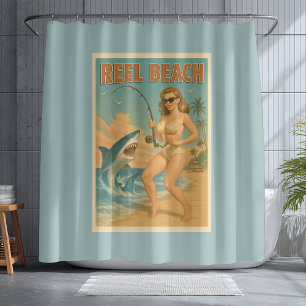Retrostrand Haaien Vissen Pin-Up Retro Kustleven Douchegordijn