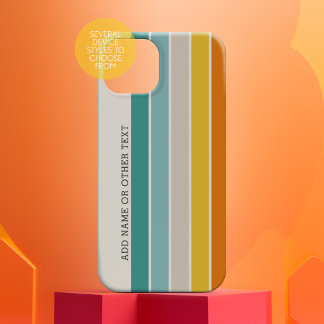 Retrostrepen blauwgroen oranje goud met zijtekstna Case-Mate iPhone 14 hoesje