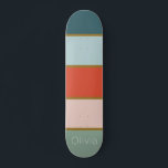 Retrostrips Persoonlijk Skateboard<br><div class="desc">Retro geïnspireerd verticaal gestreept design in blauwgroen tonen en met oranje,  zacht roze en goud. Volledig aanpasbaar met jouw naam,  initialen of monogram.</div>