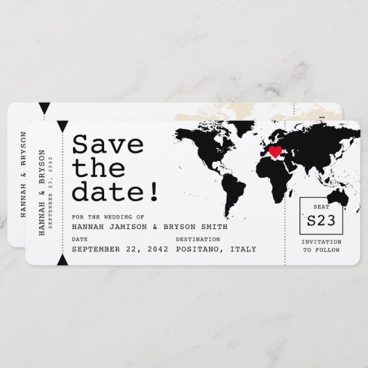 Retrotypemachine Wereldkaart instapkaart Save The Date (Voorkant / Achterkant)