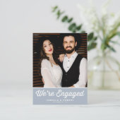 Retrotypografie Dusty Blue Photo Verloving Aankondigingskaart (Staand voorkant)