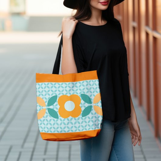 Retroventiel, Geo Pattern Aqua, Oranje, Blauwgroen Tote Bag