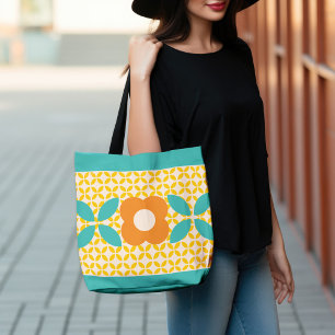 Retroventiel, Oranje geo-patroon, Blauwgroen, roze Tote Bag