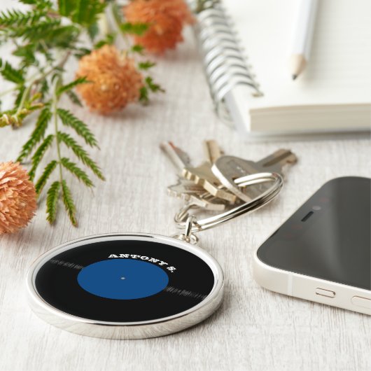 -retrovinylrecord (blauw) sleutelhanger (Zijkant)