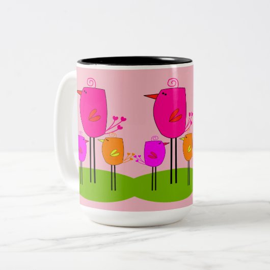 retrovogels 2 tweekleurige koffiemok (Voorkant links)