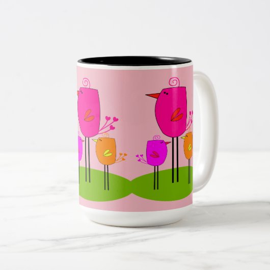 retrovogels 2 tweekleurige koffiemok (Voorkant rechts)