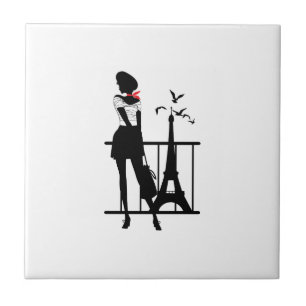 Retrovrouw rood en zwart silhouet met Eiffel T Tegeltje