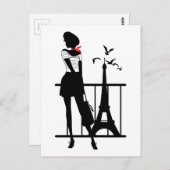 Retrovrouw rood zwart silhouet met Eiffeltoren Briefkaart (Voorkant / Achterkant)