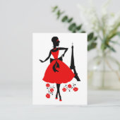 Retrovrouw rood zwart silhouet met Eiffeltoren Briefkaart (Staand voorkant)