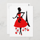 Retrovrouw rood zwart silhouet met Eiffeltoren Briefkaart (Voorkant / Achterkant)