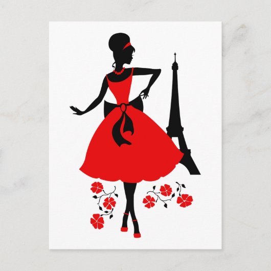 Retrovrouw rood zwart silhouet met Eiffeltoren Briefkaart (Voorkant)