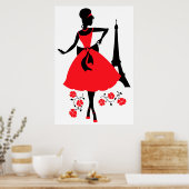 Retrovrouw rood zwart silhouet met Eiffeltoren Poster (Keuken)