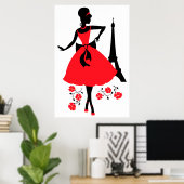 Retrovrouw rood zwart silhouet met Eiffeltoren Poster (Thuiskantoor)