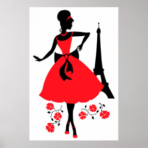 Retrovrouw rood zwart silhouet met Eiffeltoren Poster
