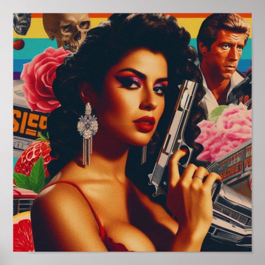 Retrowave actie vrouw poster (Voorkant)