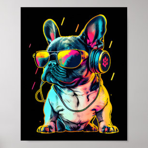Retrowave French Bulldog met Headphones en Sungl Poster