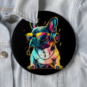 Retrowave French Bulldog met Headphones en Sungl Ronde Button 6,0 Cm (In situ)