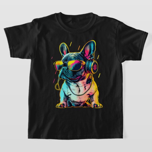 Retrowave French Bulldog met Headphones en Sungl T-shirt (Laagn)