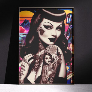Retrowave Getatoeëerde Pin-up Collage Perfect Poster