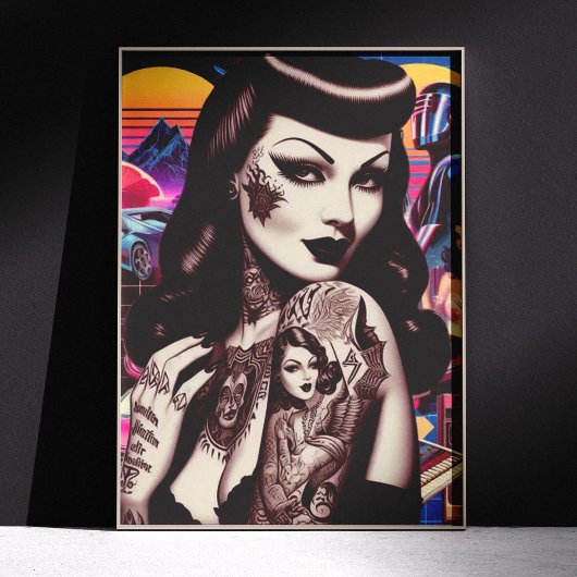 Retrowave Getatoeëerde Pin-up Collage Perfect Poster