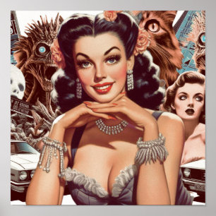 Retrowave pin-up collage poster