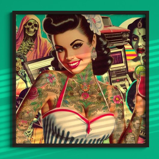 Retrowave pin-up collage poster