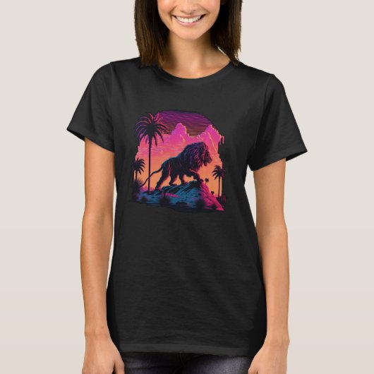  Retrowave Synthwave 80s Vaporwave Lion T-shirt (Voorkant)