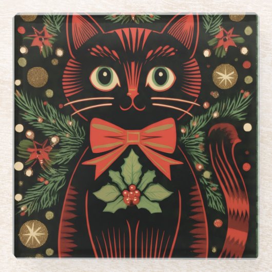 RetroXmasCat Glazen Onderzetter (Voorkant)