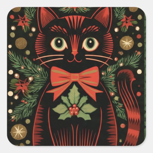 RetroXmasCat Vierkante Sticker (Voorkant)