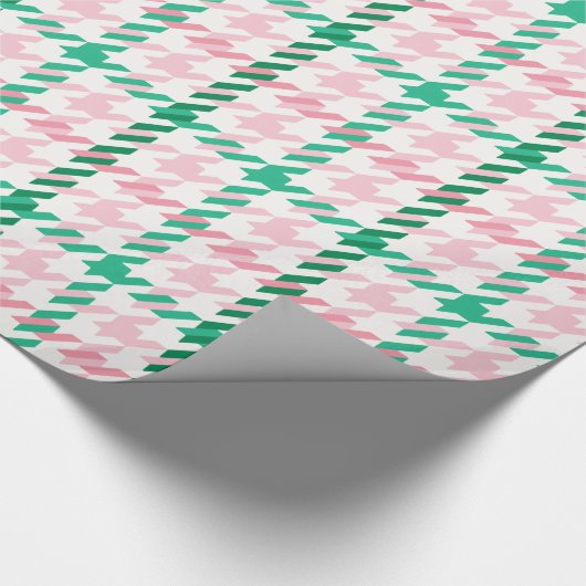 Retroze roze en groen houndstooth plaid-patroon cadeaupapier (Hoek)